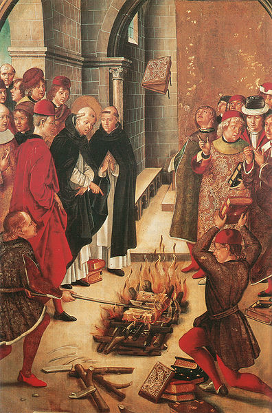 Spanish painting from the 1400s by Pedro Berruguete showing the miracle of Fanjeaux. The books of the heretical Albigensian and those of the Catholics were thrown together into the fire before Saint Dominic. The Catholic books were miraculously preserved, being rejected three times by the flames, while the heretical ones burned.