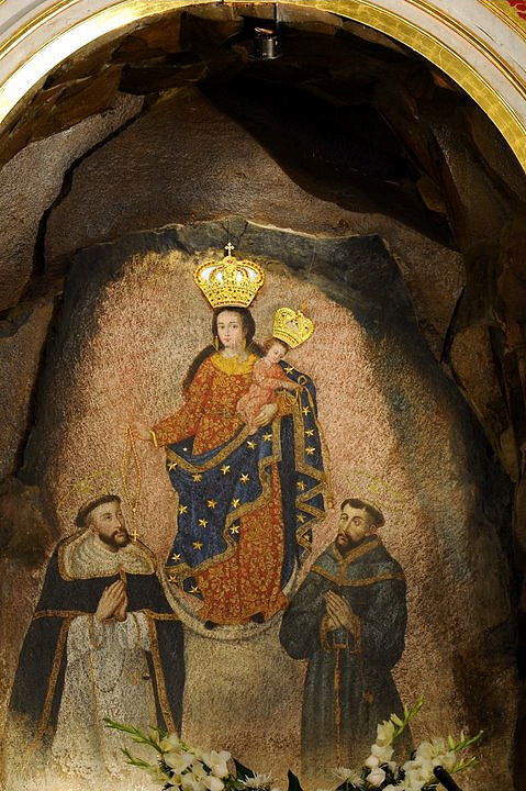 Our Lady of Las Lajas extending a Rosary to St. Dominic and the Infant Jesus a Franciscan cord to St. Francis.