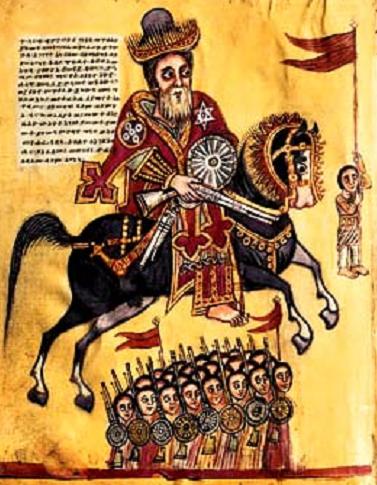 St. Elesbaan, King of Ethiopia, at the command of the Emperor Justin, lead an army against Dunaan.