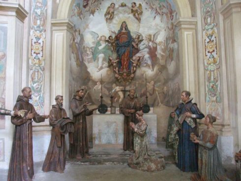 St. Francis receives St. Clare, a young noblewoman of Assisi, into a life of poverty, as depicted in Sacro Monte di Orta in Orta San Giulio, Piedmont.