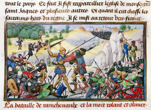 SONG OF ROLAND, 778 A.D. The death of Roland (in gold armor), the nephew of Charlemagne and the most celebrated of the emperor's twelve paladins, at the Battle of Roncesvalles in the Pyrenees, 778 A.D., the basis of the epic 'Chanson de Roland.' Flemish manuscript illumination, 1462.