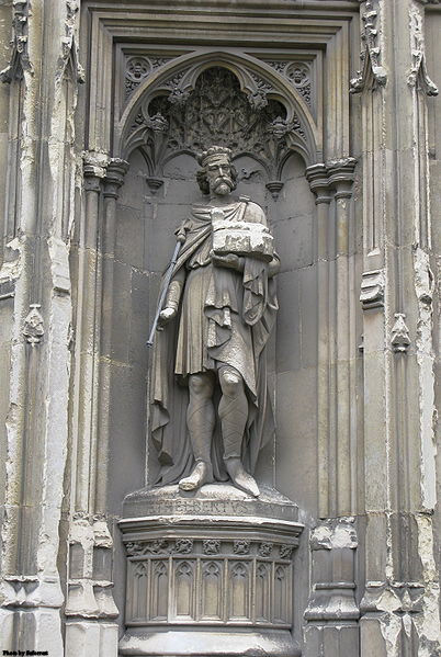 Sculpture of King St. Aethelberht of Kent on Canterbury Cathedral in England.