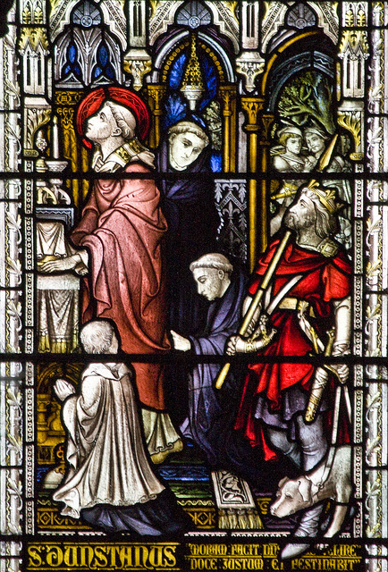St Dunstan of Canterbury, Detail from a window in Downside Abbey church, Somerset. Photo by LawrenceOP.