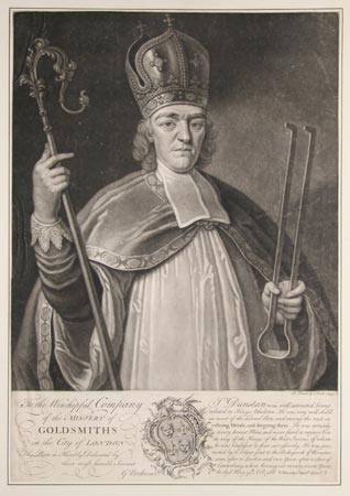 An old print of St. Dunstan holding tongs, which he used on the devil's nose.