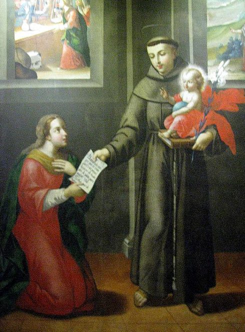 Miracle of a woman who could not marry because she had no dowry. St. Anthony gave her a paper and told her to take it to the jeweler. The paper that St. Anthony gave to her was worth more than a large pile of gold. Painting at the Convent of St. Francis, Quito, Ecuador.