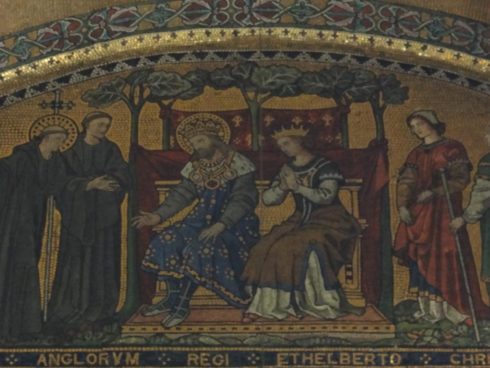 The Conversion of St Ethelbert by St. Augustine. Detail of a mosaic by Clayton & Bell in the chapel of St Gregory and St Augustine in Westminster Cathedral.