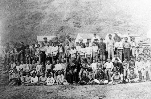 Father Damien and 64 boys of the leper settlement, taken in 1889, either late February or March, weeks before his death.