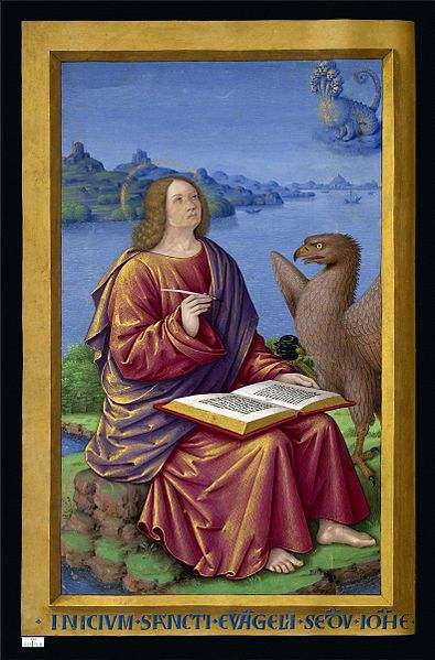St. John the Evangelist, pictured with an eagle, in exile on the island of Patmos, writing the book of Revelations.
