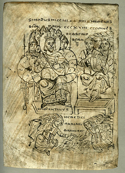 Emperor Constantine and the Council of Nicaea. The burning of Arian books is illustrated.